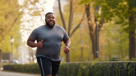 Plump man in sportswear at jogging workout on asphalt path in park in sunny weather. Fat man Improves physical health burning fat with thirst to lose weight. Active lifestyle and monitoring appearanceの素材