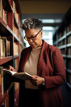 Vertical photo of an African American woman teacher studies material in textbook standing near shelves in library. Lady professor at university gains knowledge from book.の素材