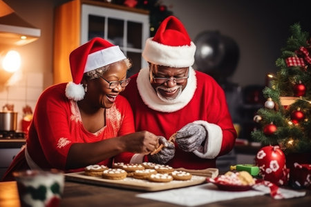 Joyful senior African-American couple cooks Christmas dinner at home. Happy black wife and husband prepare delicious food for family holiday. Positive people at table with treats in kitchenの素材