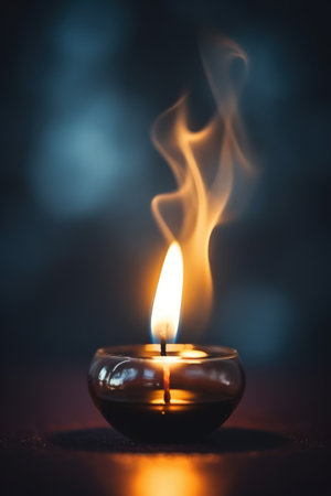 Aromatic candle burns on table in spa procedure salon. Small warm flame creating coziness and relaxing atmosphere in meditation studio. Accessory for aromatherapy treatment and mindfulnessの素材