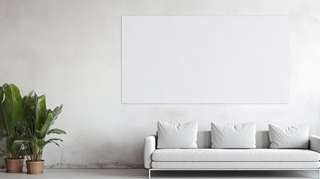 Sofa, house plant and a big art in modern apartments. Part of the interior in a minimalist style against the background of a dark gray concrete wall. Copy space.の素材