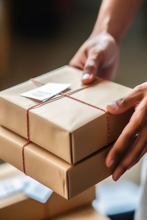 Close-up hands with a cardboard box. Serviceman while working in a postal service warehouse. Cardboard boxes with parcels from online stores at the post office. Delivery service. Vertical photo.の素材