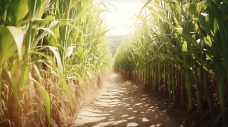 Empty ground road across sugarcane plantation at summer farmland. Way through perennial grass cultivated for juice used for sugar producing. Agricultural culture growing in large Asian fieldの素材
