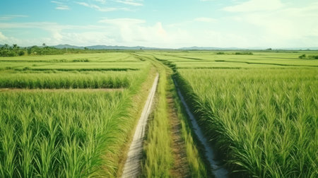 Empty ground road across sugarcane plantation at summer farmland. Way through perennial grass cultivated for juice used for sugar producing. Agricultural culture growing in large Asian fieldの素材