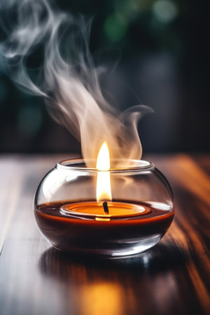 Aromatic candle burns on table in spa procedure salon. Small warm flame creating coziness and relaxing atmosphere in meditation studio. Accessory for aromatherapy treatment and mindfulnessの素材