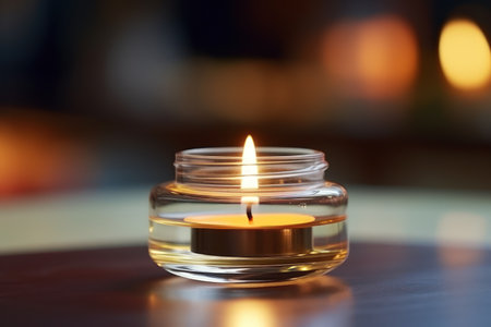Aromatic candle burns on table in spa procedure salon. Small warm flame creating coziness and relaxing atmosphere in meditation studio. Accessory for aromatherapy treatment and mindfulnessの素材