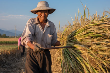 Asian man with straw hat gathers harvest of sugar cane in field on sunny day. Mature farmer works hard taking care of plants on family field. Food manufacturing at countrysideの素材