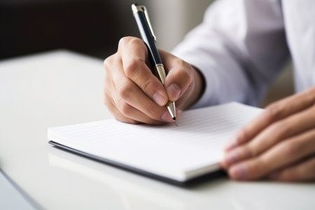 Man writes on empty notebook page with pen sitting at table in room closeup. Student hands with writing tool on blank organizer at wooden desk. Marking notes about creative ideas conceptの素材