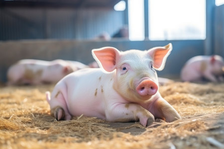 Funny fat pigs herd waits for feeding in modern farm stall. Small livestock animals growing for meat and lard producing at contemporary ranch. Large piglets ask food in husbandry pavilionの素材