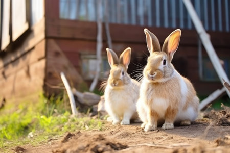 Adorable fluffy rabbits sit by cages with metal grids at animal farm. Cute little bunnies row waits for feeding time in spacious barn. Rodent pets breed by careful framers at production husbandryの素材