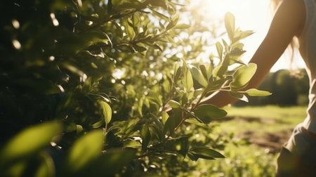 Green tea plantation. Farmer is collecting green tea leaves. Female hands close-up. Carefully collected exquisite varieties of tea.の素材