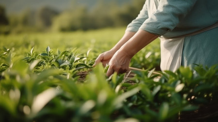 Green tea plantation. Farmer is collecting green tea leaves. Female hands close-up. Carefully collected exquisite varieties of tea.の素材