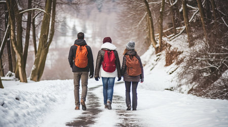 Hiking with friends through the winter forest. View from the back of a small group of hikers with backpacks walking through the winter forest. Enjoy nature and communication without gadgets.の素材