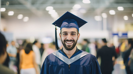 Happy college graduate student in academic hat and blue gown in university hall. Smiling young man celebrates finishing of education program in university yard. Joyful student with mortar boardの素材