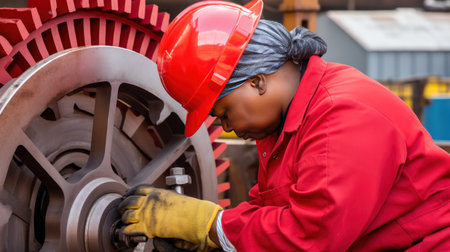 African-American woman works on modern automatic lathe machine in plant workshop. Focused black employee setups equipment in factory shop. Professional worker operates with machinery at workplaceの素材