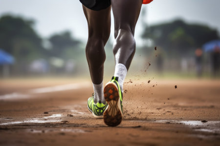 African-American sportsman in sneakers runs along dirt track at countryside closeup. Professional black athlete exercises jogging on muddy road. Man trains supporting active lifestyle and healthの素材