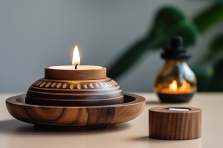 Aromatic candle burns on table in spa procedure salon. Small warm flame creating coziness and relaxing atmosphere in meditation studio. Accessory for aromatherapy treatment and mindfulnessの素材