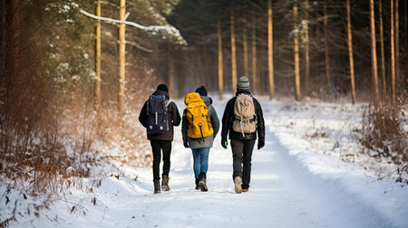 Hiking with friends through the winter forest. View from the back of a small group of hikers with backpacks walking through the winter forest. Enjoy nature and communication without gadgets.の素材
