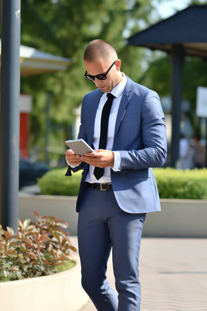 Caucasian businesswoman in a formal suit and in eyeglasses with a smartphone. On the background of the street of the business district of the city. Online monitoring of stock reports.の素材