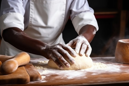 Close-up view of a male hands kneading dough on a board sprinkled with flour. African American man prepares bread from natural products in a village kitchen.の素材