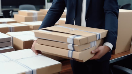Close-up hands with a cardboard box. Serviceman while working in a postal service warehouse. Cardboard boxes with parcels from online stores at the post office. Delivery service.の素材