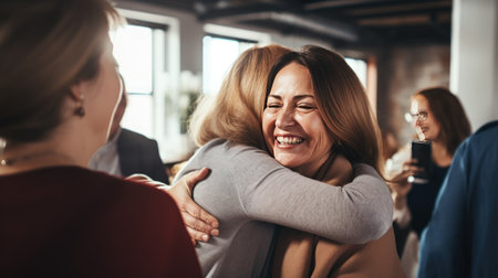 Multiethnic group of women join in collective hug showing unity and smiling. Diverse assembly consisting of people of all ages races and backgrounds comes for group pose hugging.の素材
