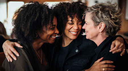 People of various nationalities join in collective hug showing unity and smiling. Diverse assembly consisting of people of all ages races and backgrounds comes for group pose hugging.の素材