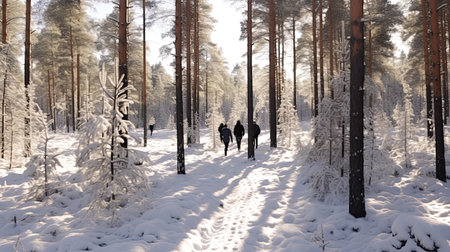 Hiking with friends through the winter forest. View from the back of a small group of hikers with backpacks walking through the winter forest. Enjoy nature and communication without gadgets.の素材