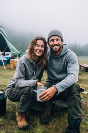 Camping, hiking, love and cup of coffee. The best start to the day is a mug of hot coffee alone with your loved one. A couple in love drinks morning coffee near their tent in a foggy forest.の素材