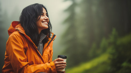 Cheerful female hiker enjoys a morning cup of coffee near her tent, alone with nature. Happiness is being alone with yourself. The breath of the morning foggy forest and the spirit of freedom.の素材