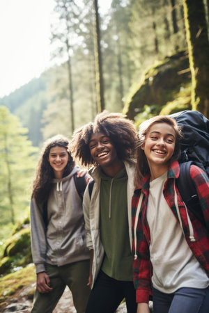Cheerful group of friends with backpacks for hike walking across forest exploring nature in sunny weather. Teenagers active lifestyle spending time together without using gadgets. Enjoying environmentの素材