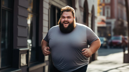 Plump man in sportswear at jogging workout on asphalt path on the city street. Fat man Improves physical health burning fat with thirst to lose weight. Active lifestyle and monitoring appearanceの素材