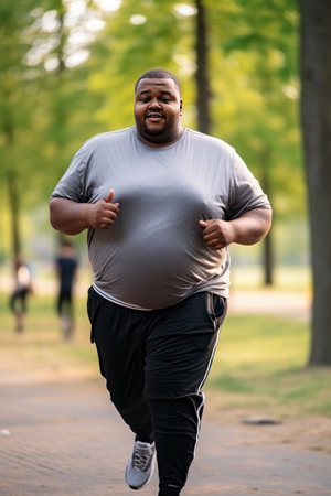 Young black man jogging through the empty city park. Be alone with yourself during your morning run and recharge your batteries for the whole day. Keeping fit and fat burning concept. Vertical photoの素材