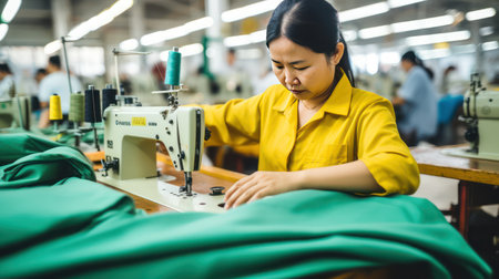 Focused middle aged Indian man tailor with appearance sews things from natural fabric using sewing machine at clothes making factory. Handwork and sewing with help of mechanism in old age.の素材