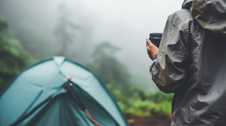 Alone with yourself. Back view of a female hiker enjoys a morning cup of coffee near her tent, alone with nature. The breath of the morning foggy forest and the spirit of freedom. Cropped photo.の素材