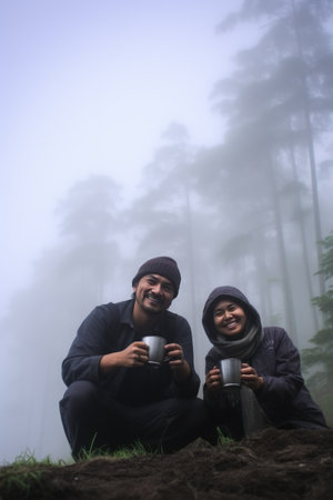 The best start to the day is a mug of hot coffee alone with your loved one. A couple in love drinks morning coffee near their tent in a foggy forest. Camping, hiking, love and a cup of fragrant coffee.の素材