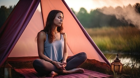 A young woman meditates early in the morning in the summer forest near her tent. Feel the breathing of the forest alone with you. Digital detox and escape from city noise.の素材