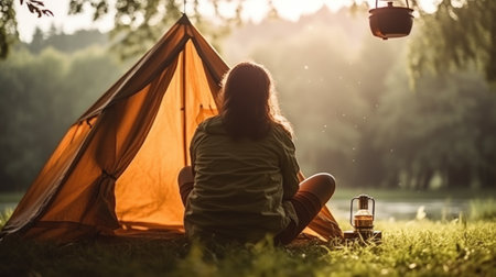 Alone with yourself. Back view of a female hiker enjoys a morning cup of coffee near her tent, alone with nature. The breath of the morning foggy forest and the spirit of freedom. Vertical photo.の素材