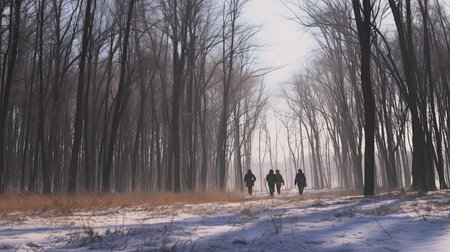 Hiking with friends through the winter forest. View from the back of a small group of hikers with backpacks walking through the winter forest. Enjoy nature and communication without gadgets.の素材