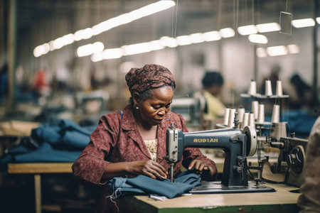Focused elderly woman tailor with appearance sews things from natural fabric using sewing machine at clothes making factory. Handwork and sewing with help of mechanism in old age. Responsible workの素材