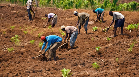 Manual harvesting process. Indian villagers work together to harvest crops. The community works in the field. Working together for the common good.の素材