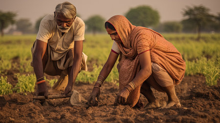Manual harvesting process. Indian villagers work together to harvest crops. The community works in the field. Working together for the common good.の素材