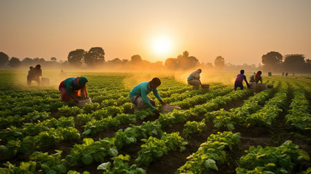 Manual harvesting process. Indian villagers work together to harvest crops. The community works in the field. Working together for the common good.の素材