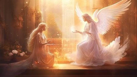 Woman with long hair on knees with stretched to holy hands receives annunciation of Blessed Virgin Mary. Annunciation of Blessed Virgin Mary gives strength to young woman kneels asking for helpの素材