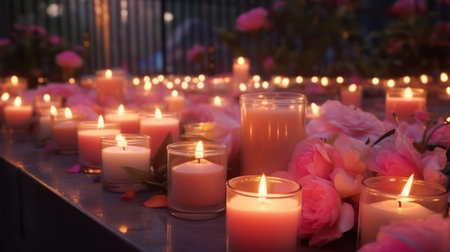 Aromatic candles burns on the floor in spa procedure salon. Small warm flame creating coziness and relaxing atmosphere in meditation studio. Accessory for aromatherapy treatment and mindfulness.の素材