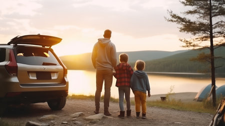 Family vacation holiday. Happy family having fun on the beach in the sunset. Photo of a happy family on a beach and a car on the side. Family traveling by car.の素材