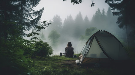 Alone with yourself. Back view of a female hiker enjoys a morning cup of coffee near her tent, alone with nature. The breath of the morning foggy forest and the spirit of freedom. Vertical photo.の素材