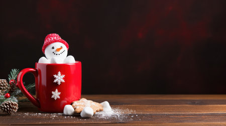 Red mug of hot chocolate with marshmallows on a wooden table. Traditional Christmas treat for children. Mug of hot chocolate or coffee by the Christmas fireplace. Christmas holidays concept.の素材