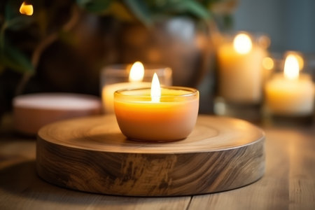 Aromatic candle burns on table in spa procedure salon. Small warm flame creating coziness and relaxing atmosphere in meditation studio. Accessory for aromatherapy treatment and mindfulnessの素材