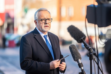 An official gives an interview to the media before the elections. Caucasian politician promises to change life for the better during outdoor interview. Like all politicians in the world.の素材